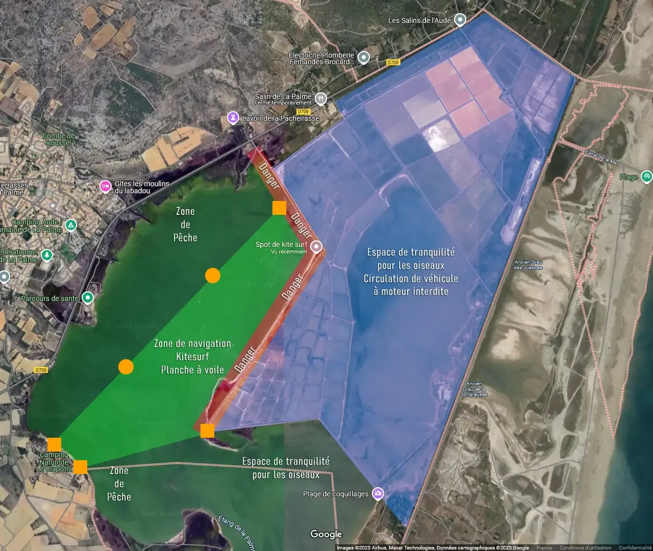 Mapa de la zona de navegación de La Palme: zona de kitesurf en verde, espacio de tranquilidad de las aves en azul, zonas de peligro en rojo